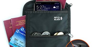 Amazon Brand - Eono Portadocumentos Viaje de Cuello con Múltiples Bolsillos, Bolsa Dinero con Cuello Oculto Seguridad RFID para Efectivo, Tarjetas, Llaves y Pasaporte con Correa para Cuello Ajustable