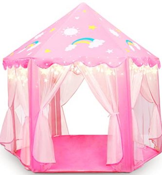 Fivejoy Tienda de Princesa, Juego de Castillo Princesa, Princesa Interior Tiendas, Castillo Princesas para Niñas con Support de PVC, 2 Modos de Luces de Estrellas, 140 x 135 x 140 CM (DxHxW) - Rosa