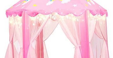 Fivejoy Tienda de Princesa, Juego de Castillo Princesa, Princesa Interior Tiendas, Castillo Princesas para Niñas con Support de PVC, 2 Modos de Luces de Estrellas, 140 x 135 x 140 CM (DxHxW) - Rosa