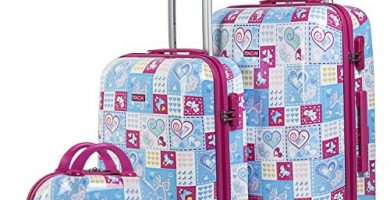 ITACA - Juego de Maletas de Viaje Infantiles 2 Pzs. - Maleta Mediana y Maleta de Cabina - Set Maletas de Viaje con Neceser Resistentes y Ligeras - Juego de Dos Maletas Niña con Cand, Color Azul-Fucsia