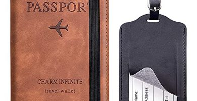 MELLIEX Funda Pasaporte Piel y Etiquetas de Equipaje, RFID Bloqueo Passport Holder Marrón Cartera de Pasaporte para Viajes para Mujeres y Hombres