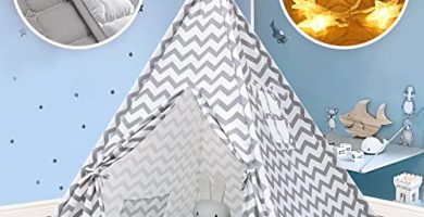 Tipi Infantil Tienda para niños con colchoneta Acolchada & Luz de Hadas- Tienda de campaña para niños y niñas de Interior y Exterior, Gris Chevron Heavy Cotton Canvas Teepee (165 cm de Altura)