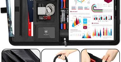 wilbest® Carpeta de Conferencia, Portadocumento Piel, Portafolio Piel con Cremallera - Doble Asas Magnéticas, 5 Ranuras para Tarjeta, A4 Portadocumentos, Compartimento para Tablet, 34 x 25 cm - Negro